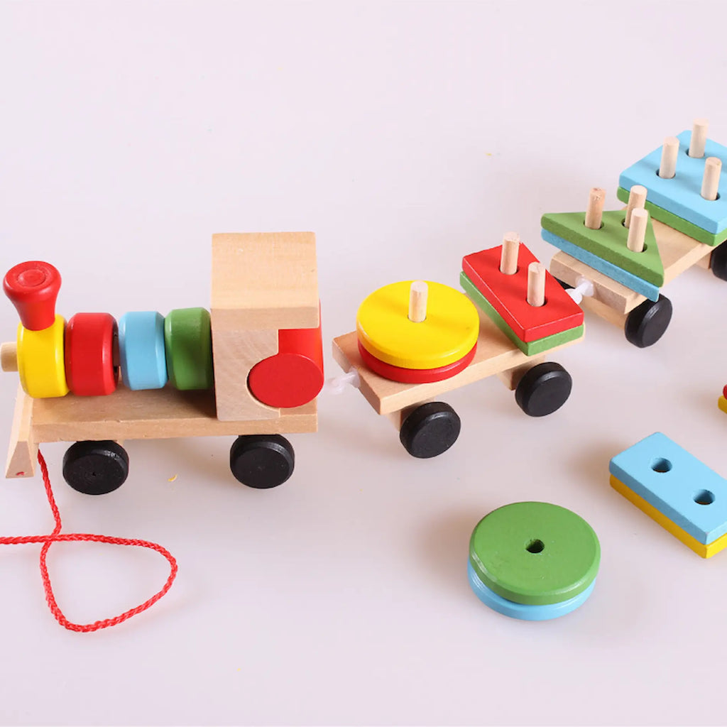 Montessori wooden stacking and sorting train toy for toddlers