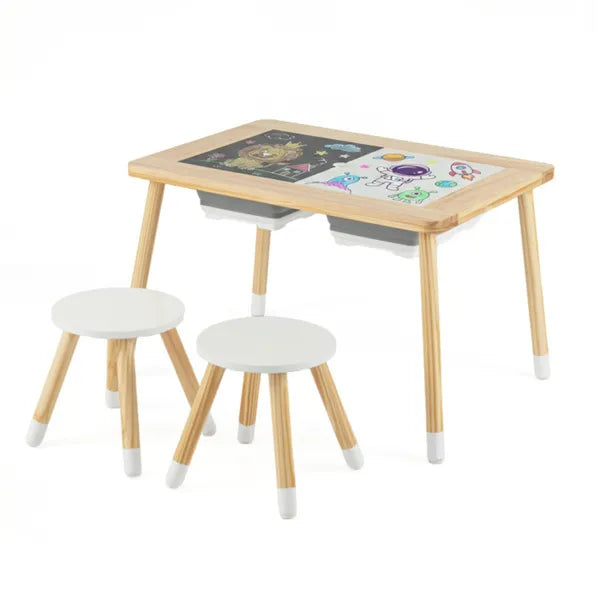 Wooden sensory activity table with two stools, water, sand, rubber ducks, and building blocks