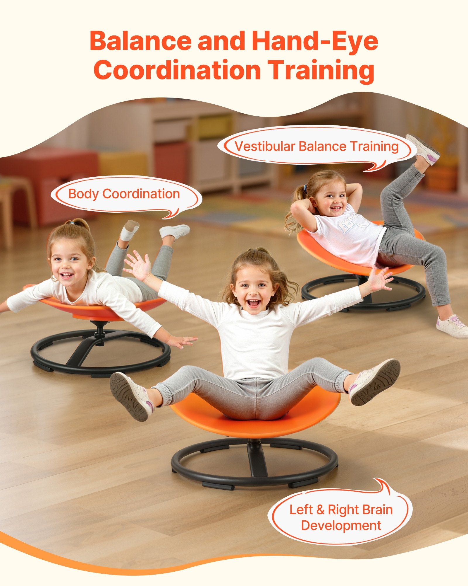 Three children use orange sensory balance chairs in a playroom for balance and coordination training.