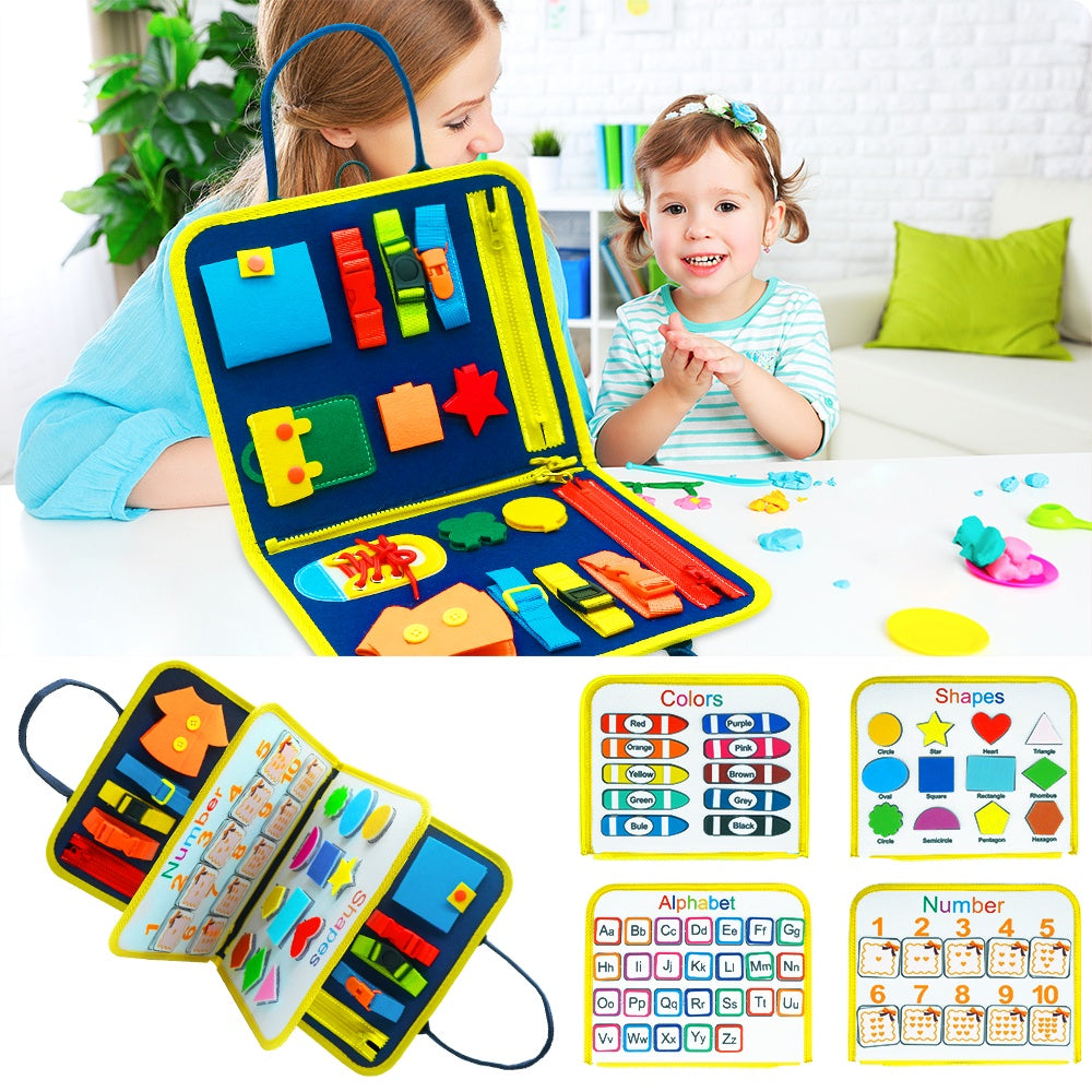 Montessori sensory busy board for toddlers designed to support autism, ADHD, fine motor skills, sensory learning, focus, and independent play