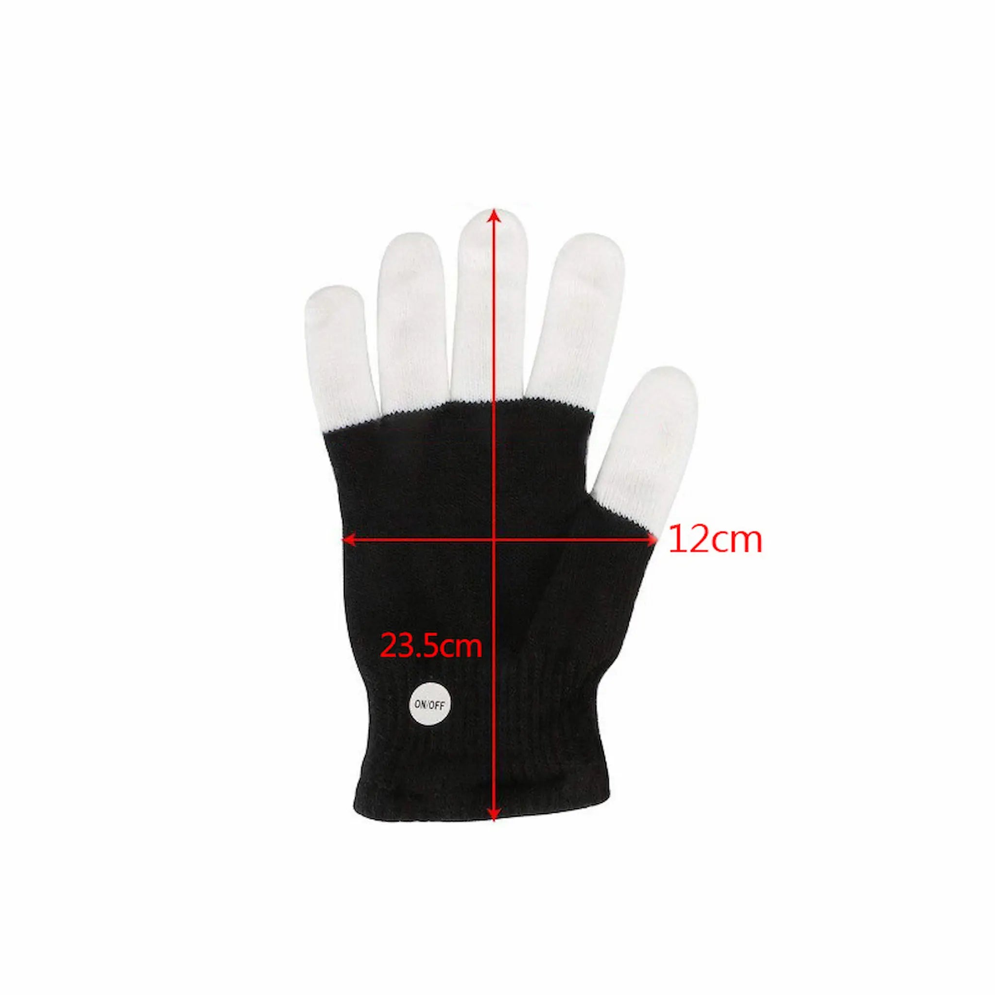 Black glove with white fingertips and measurement markings