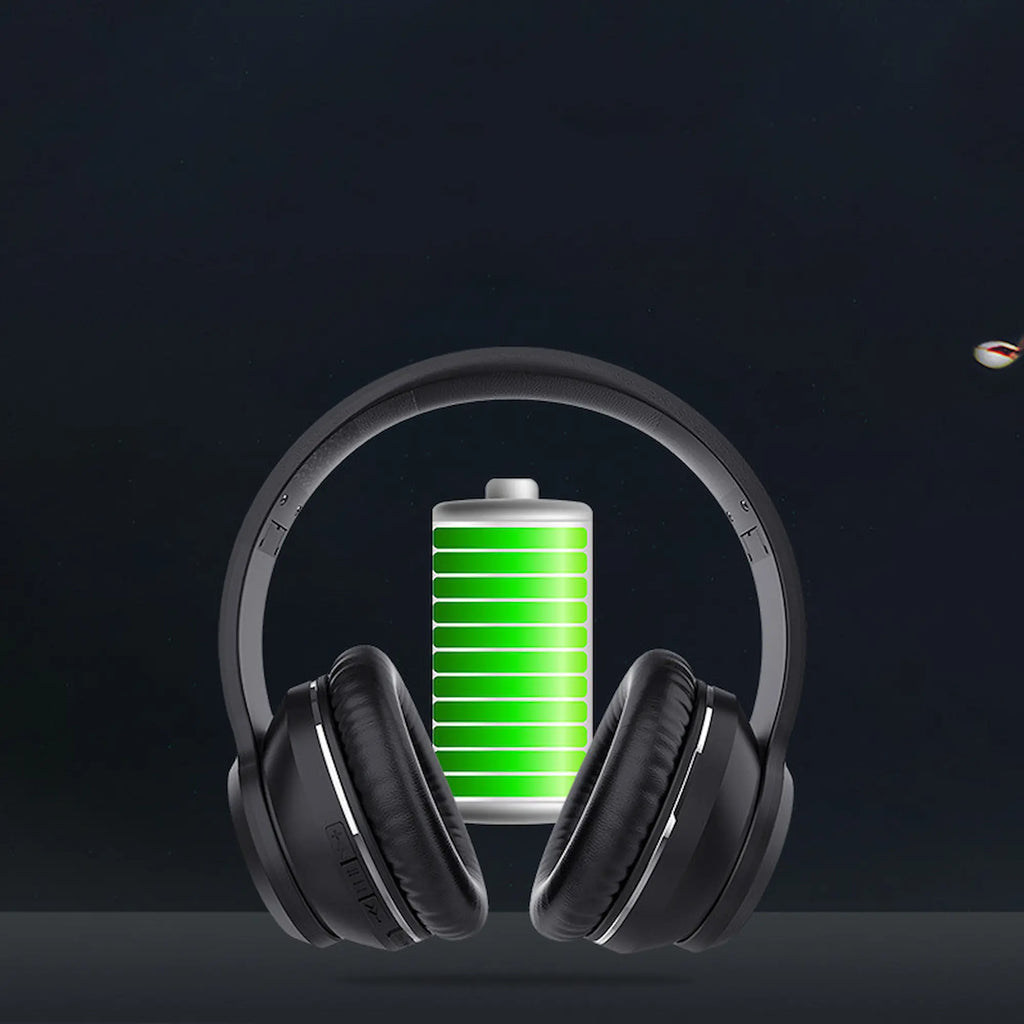 Black headphones with a green battery