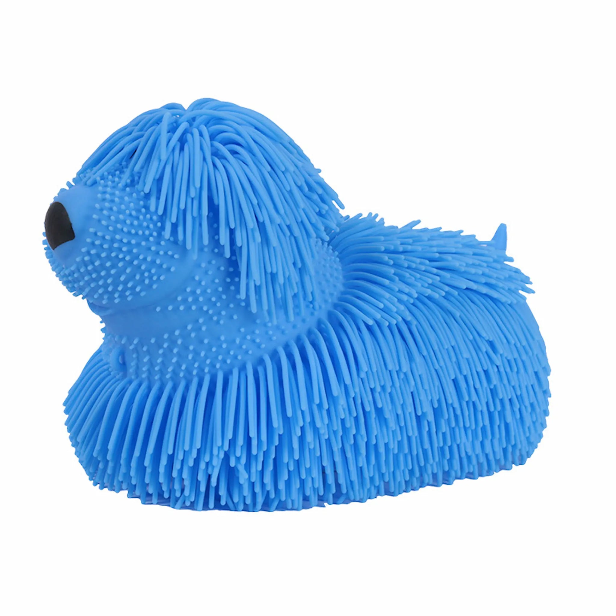 Blue textured dog-shaped toy on a white background