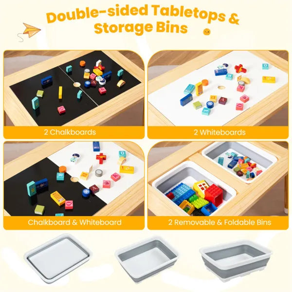 Wooden sensory activity table with two stools, water, sand, rubber ducks, and building blocks