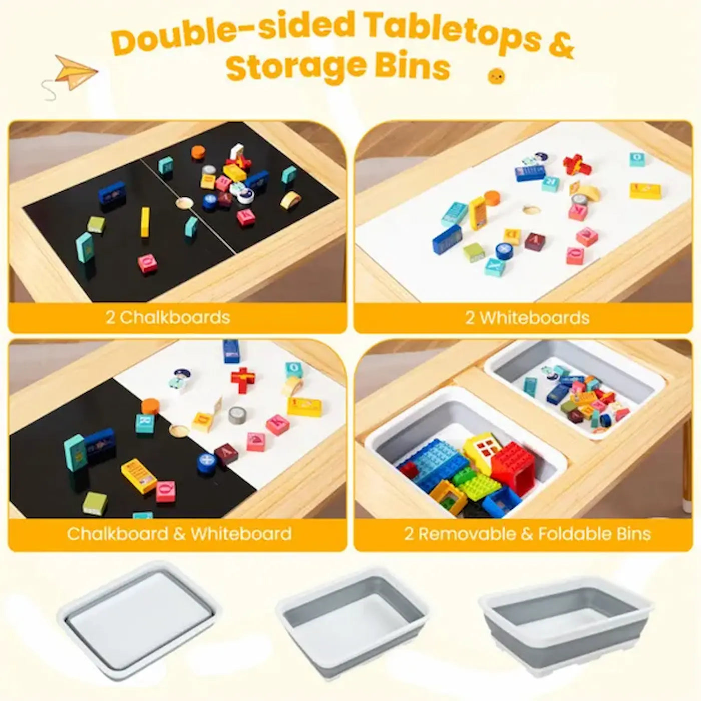 Wooden activity table with paper roll holder and storage for children