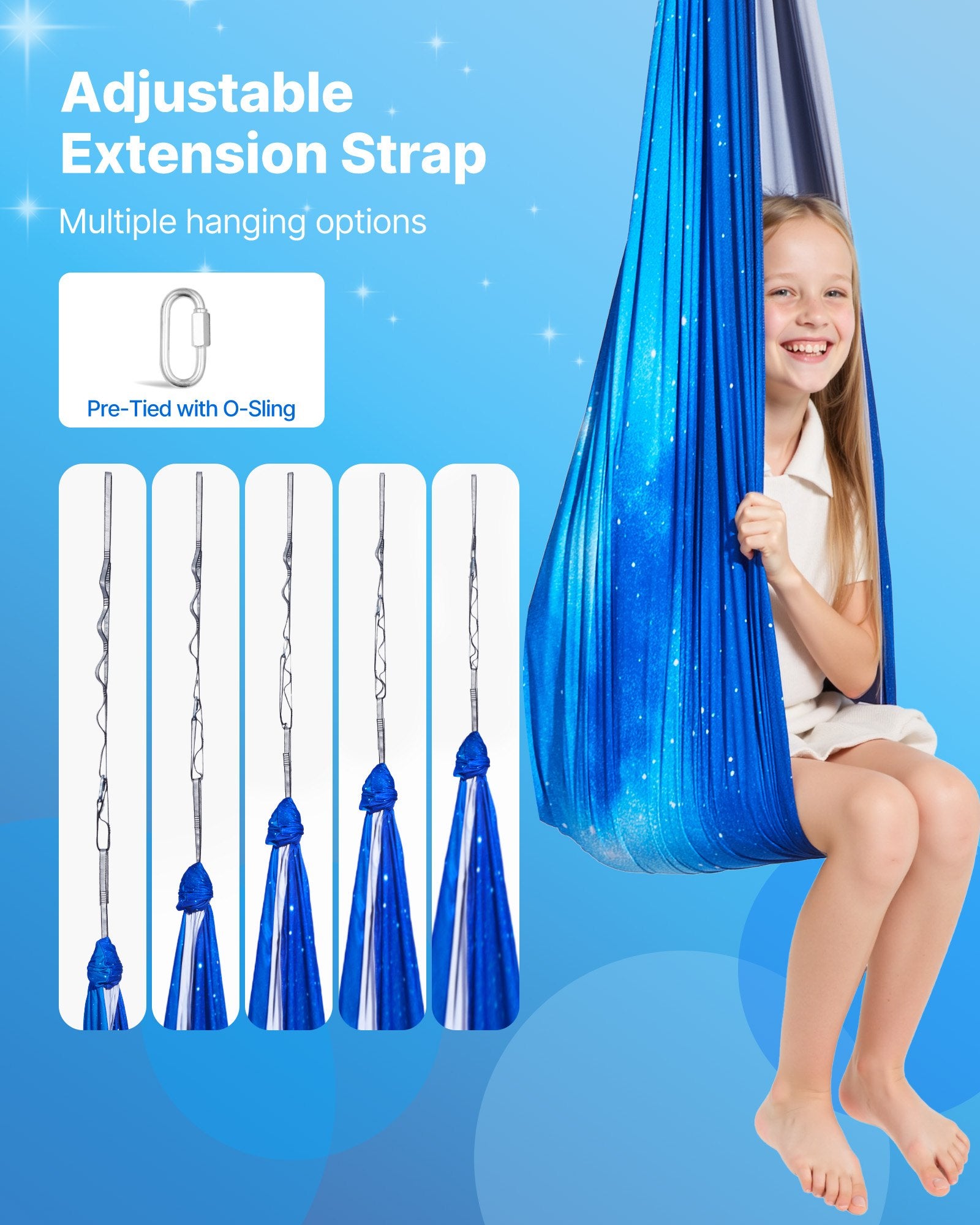 Smiling child in blue sensory swing hammock with adjustable hanging strap options