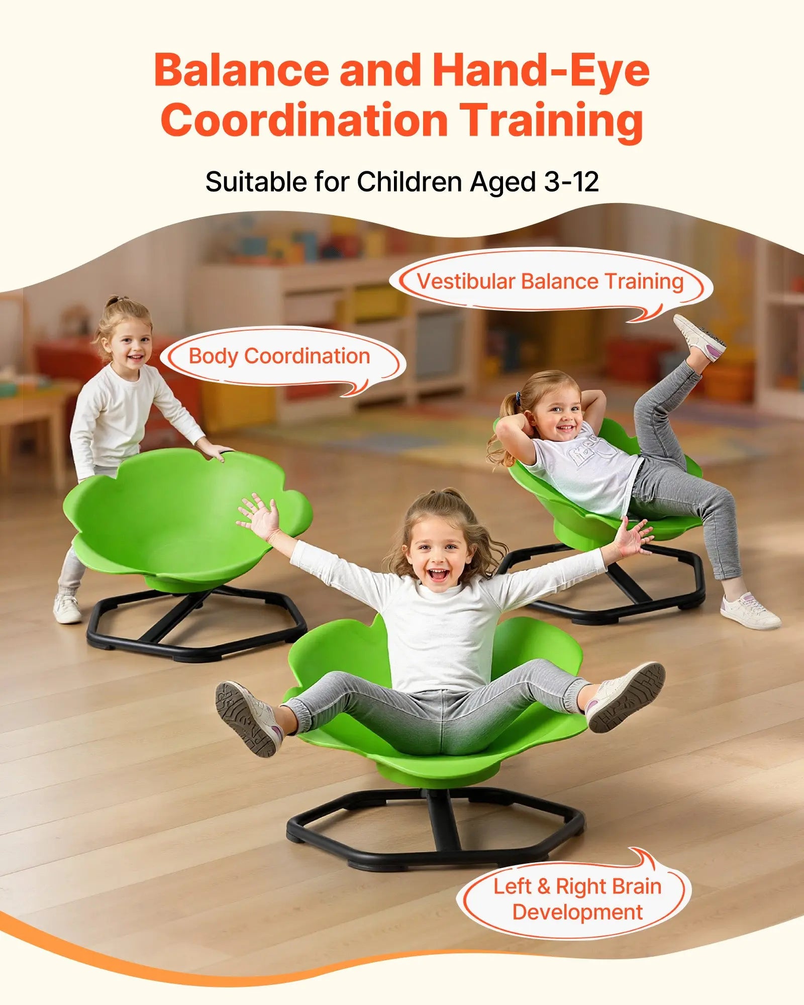 Children using green balance chairs 