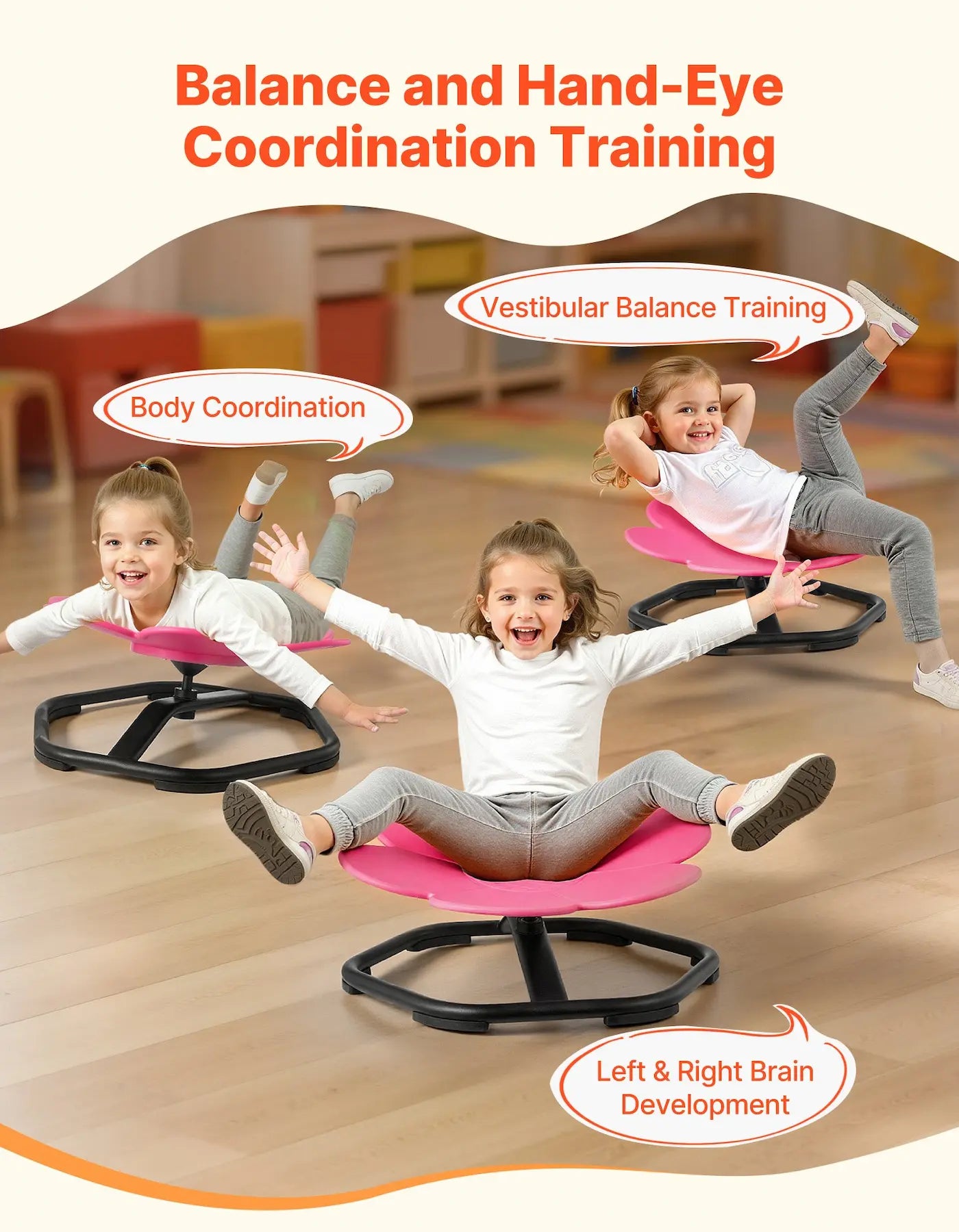 Children using pink balance chairs 