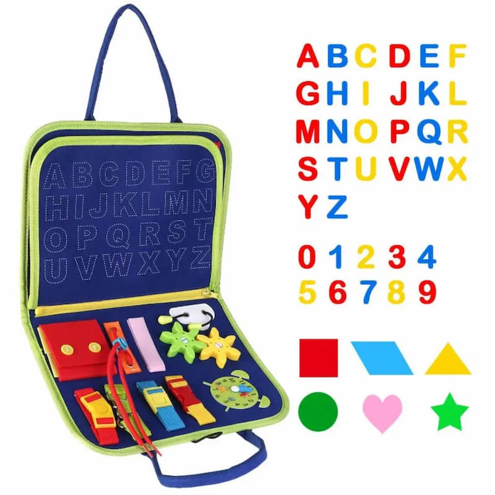 Colorful educational toy set with letters, numbers