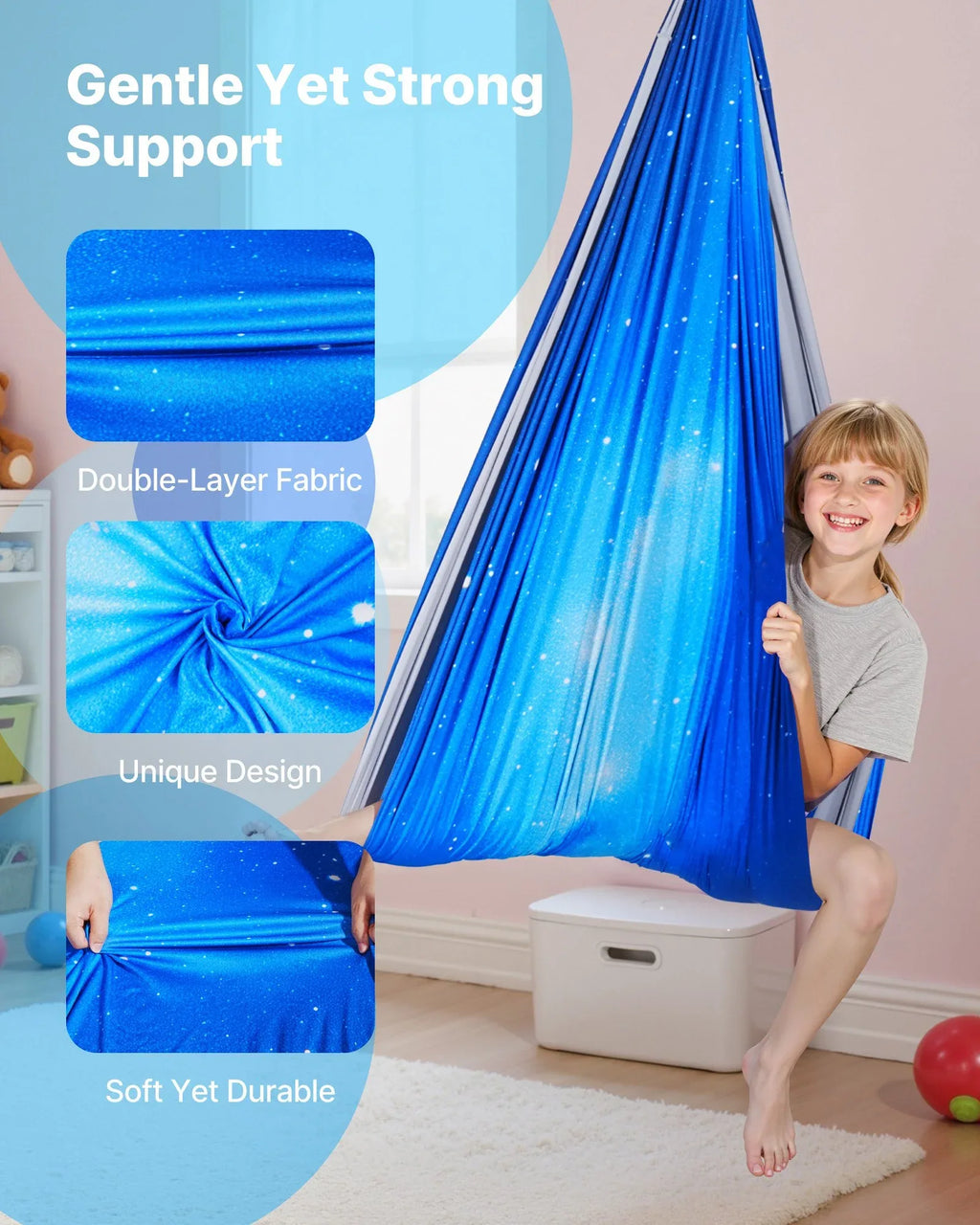 Smiling child swinging in blue sensory hammock chair with double-layer fabric and soft, durable design.