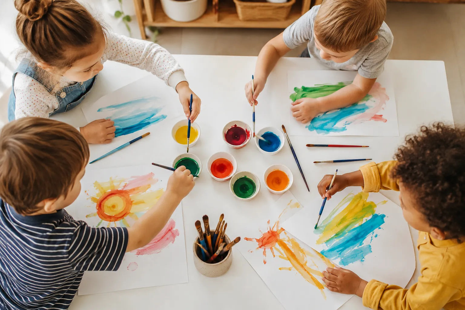 Children engaged in sensory art activities using watercolor paints to encourage creativity and fine motor development.