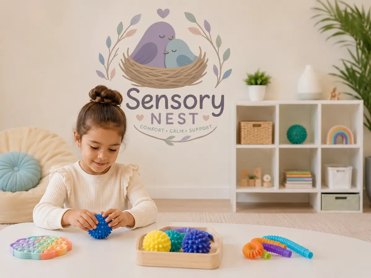 Young child exploring colorful sensory toys and tactile fidget tools in a bright Sensory Nest playroom designed for play and learning.

