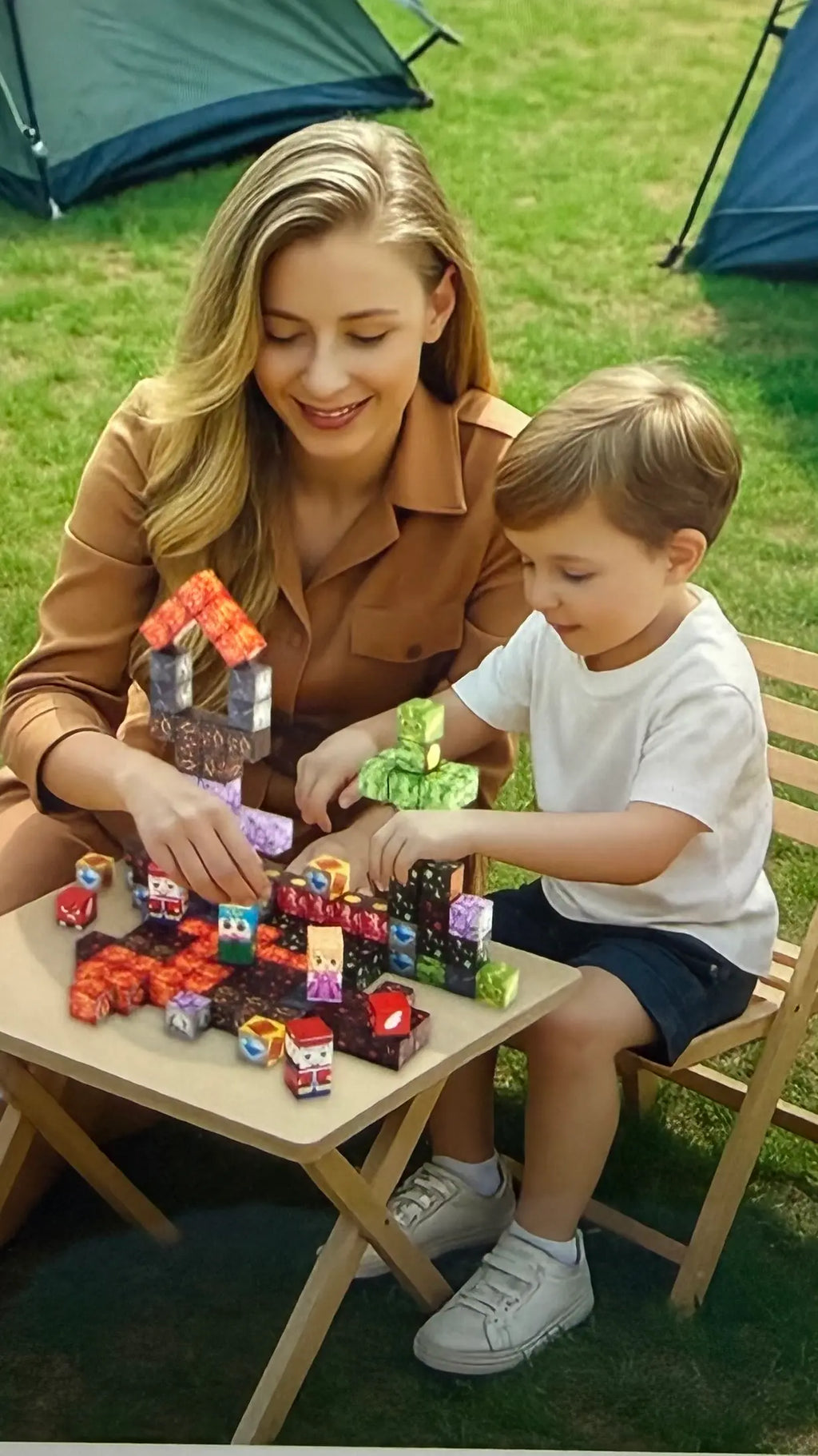 Mom and son playing with magnetic blocks