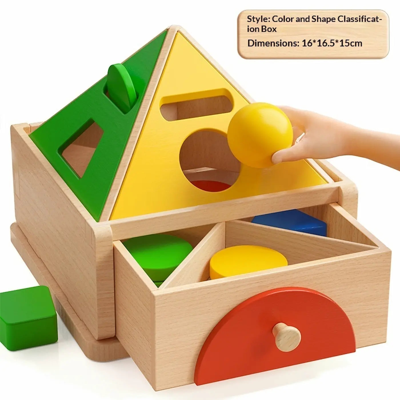 Multi color wooden shape sorting toy