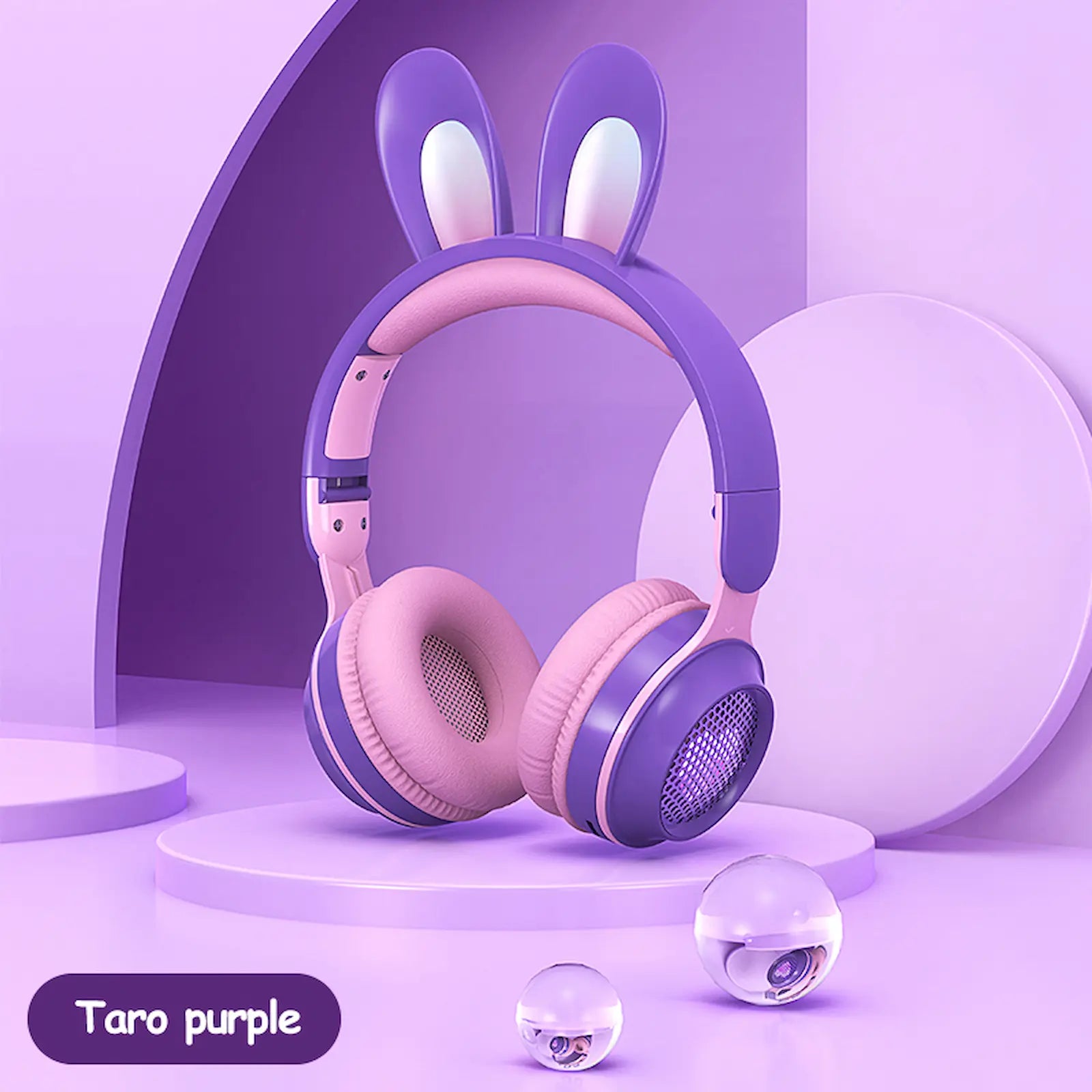 Pink and purple headphones with bunny ears