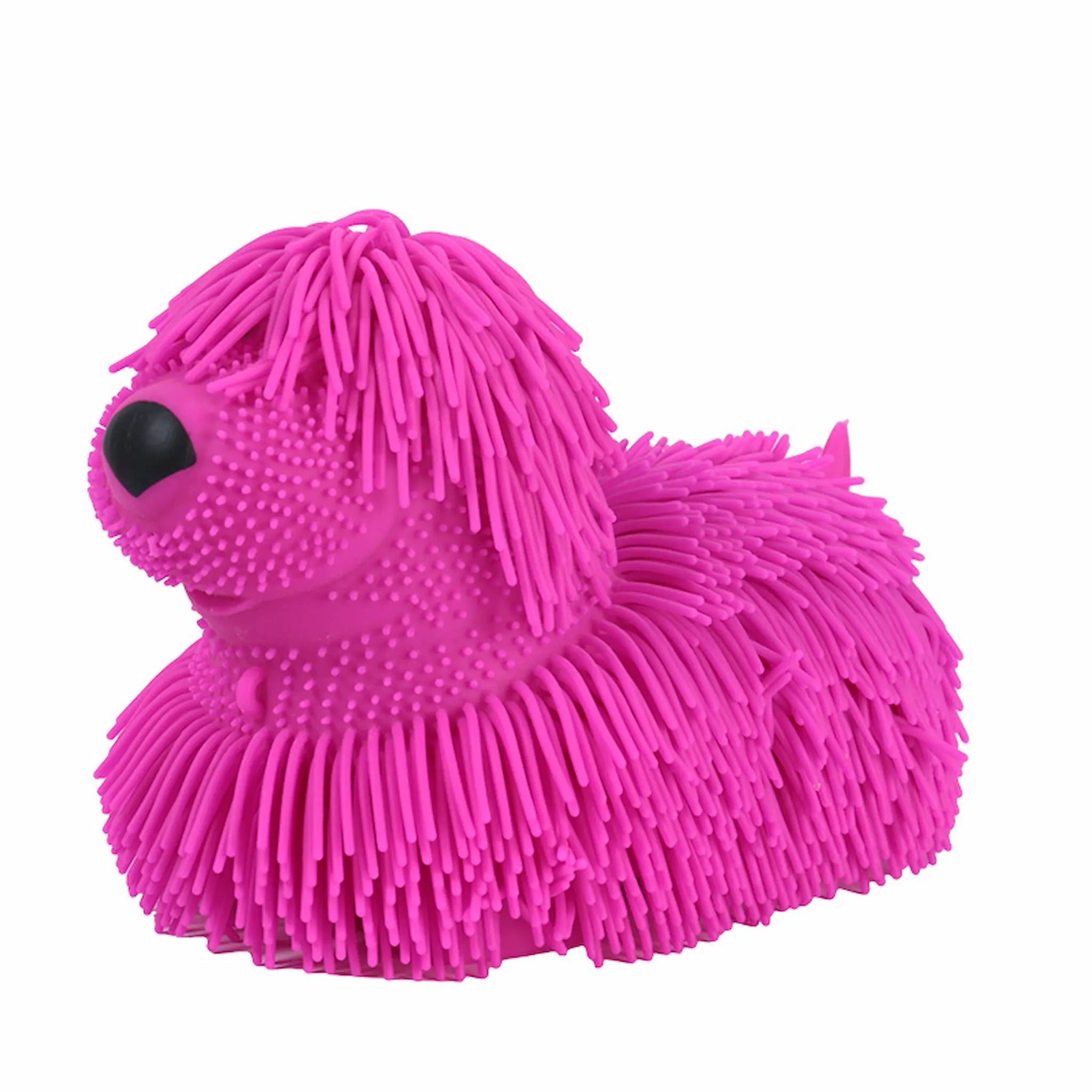 Pink fluffy dog shaped toy on a white background

