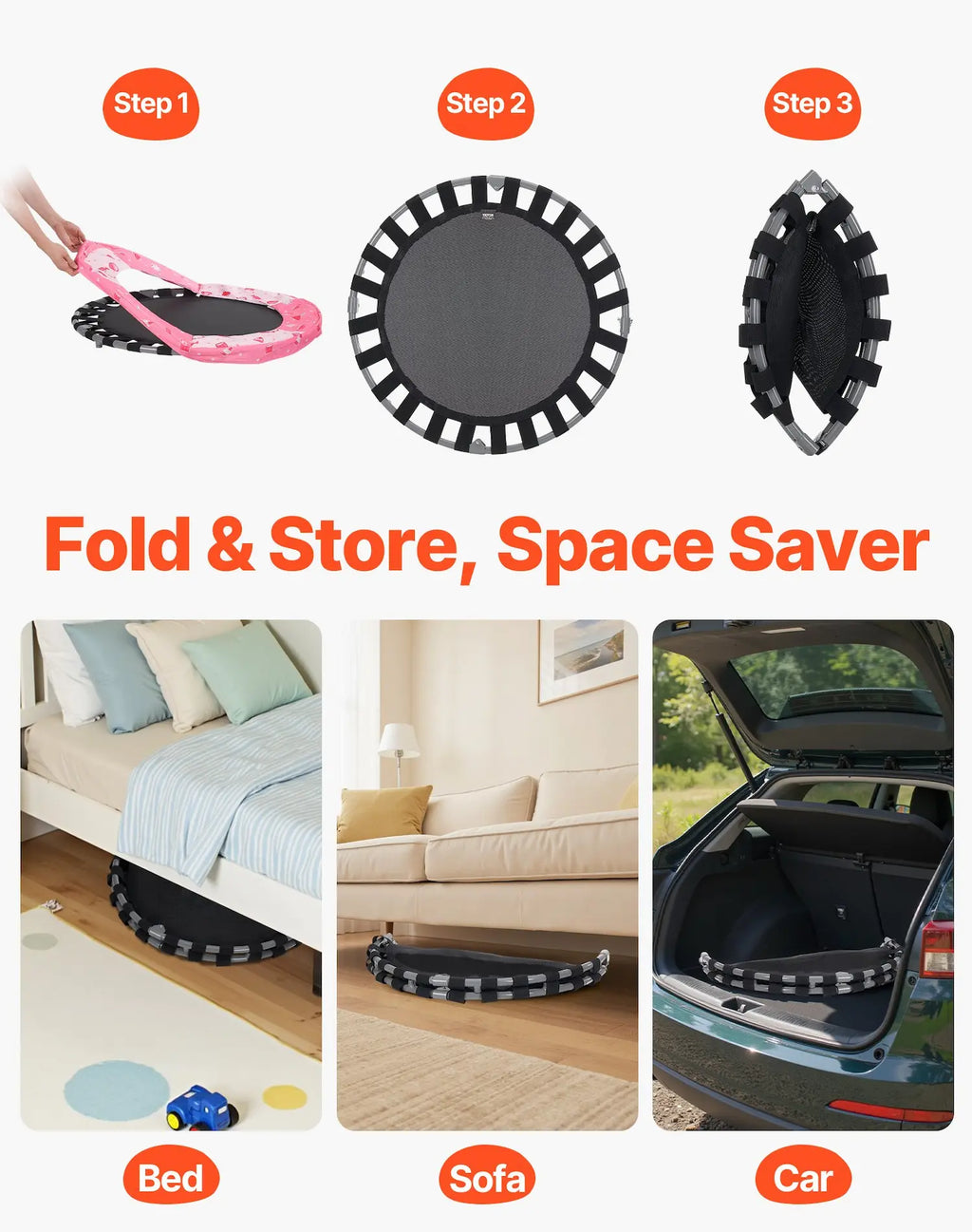 Space-saving trampoline folded and shown in various locations